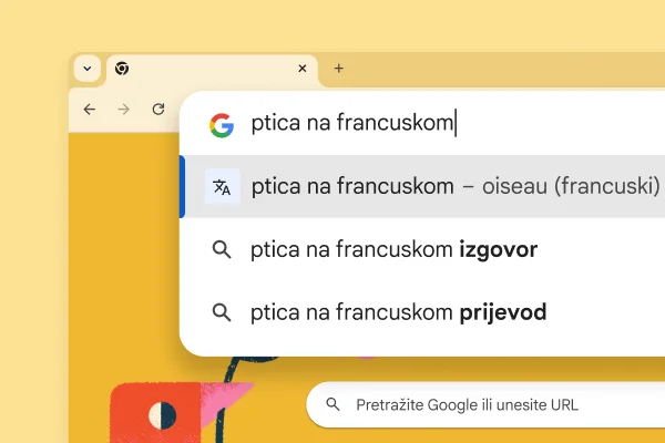 Stranica Google pretraživanja sa slikom ptice i pretraživanjem pojma 'ptica na francuskom' te rezultatom 'oiseau'